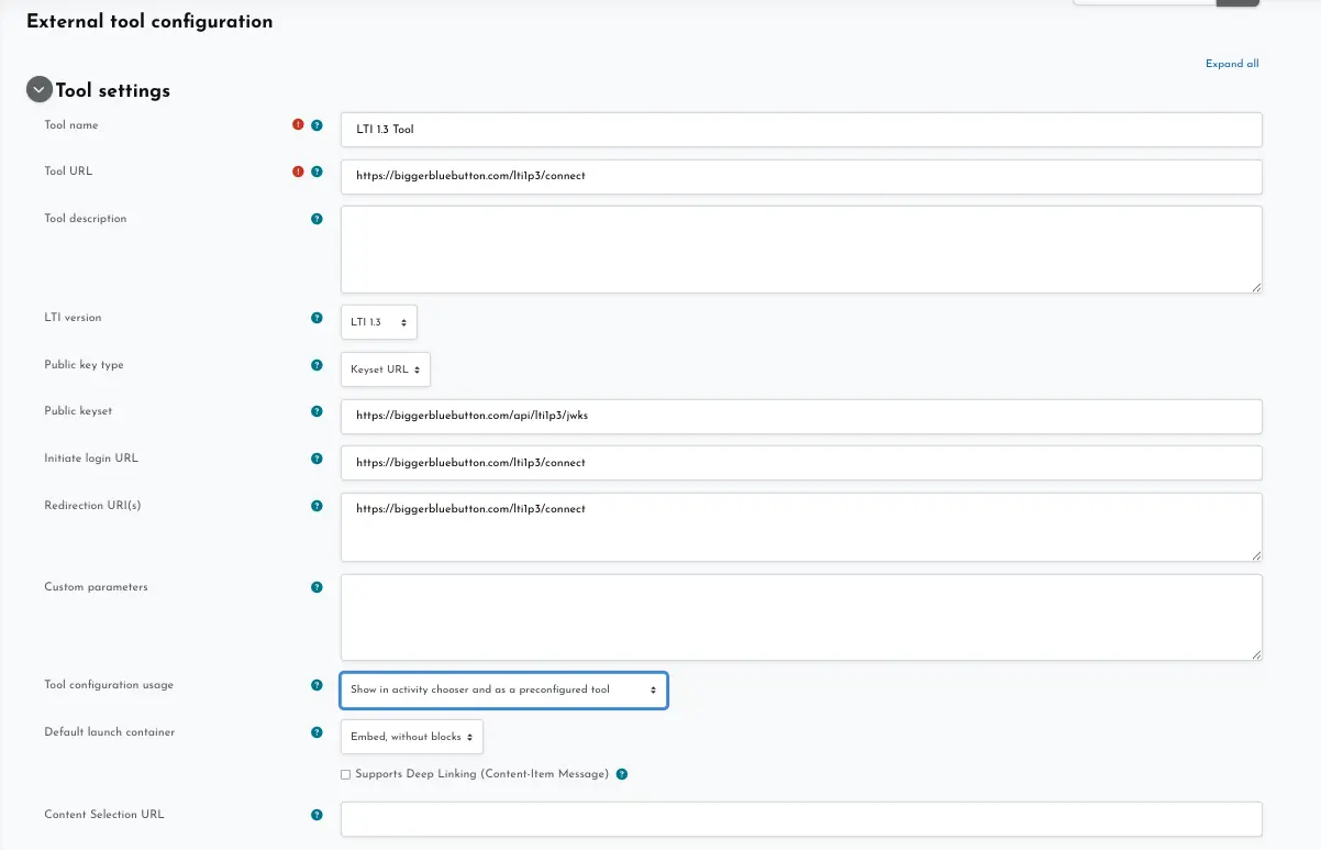 Moodle manual tool configuration form showing the generated endpoints